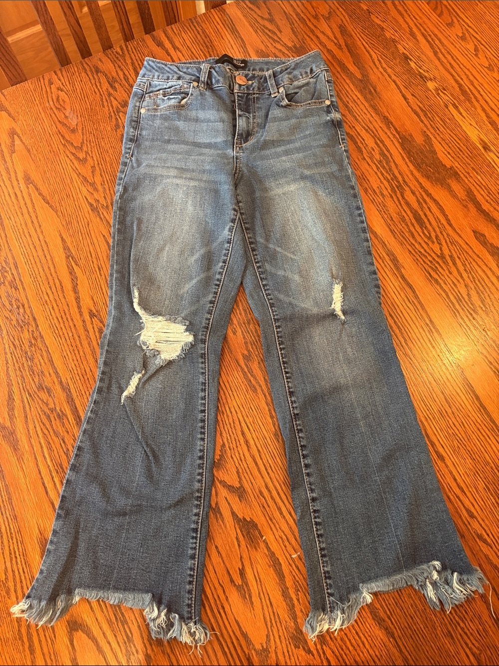 Womens Distressed cropped Blue Flare Jeans - Classic Mid rise 2/26”